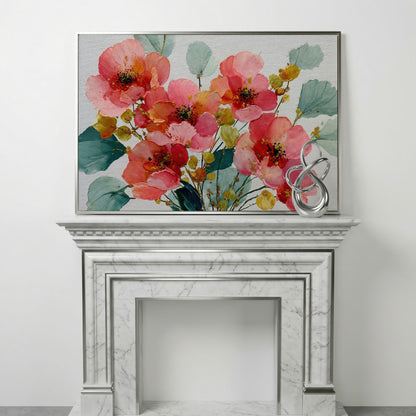 Pink and Coral Poppy Bouquet with Eucalyptus Canvas Art in silver floating frame