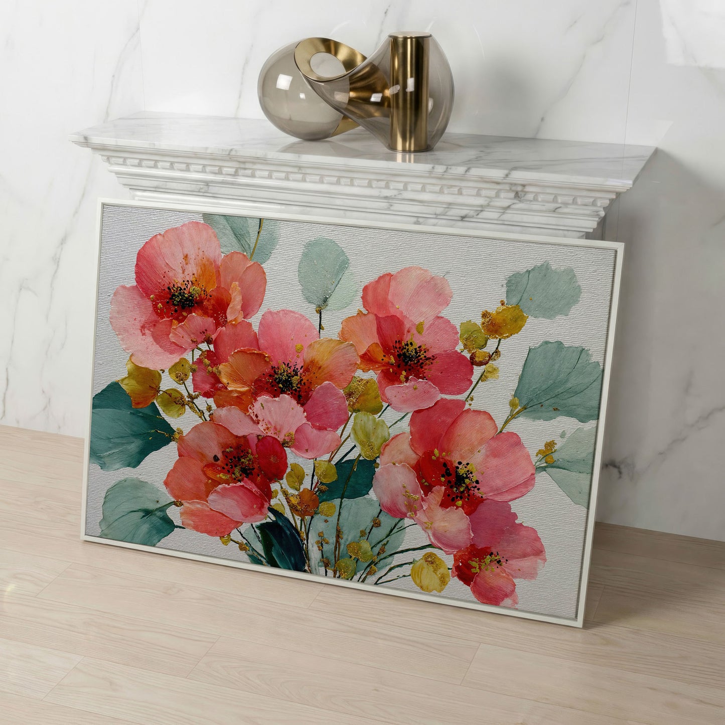 Pink and Coral Poppy Bouquet with Eucalyptus Canvas Art in white floating frame