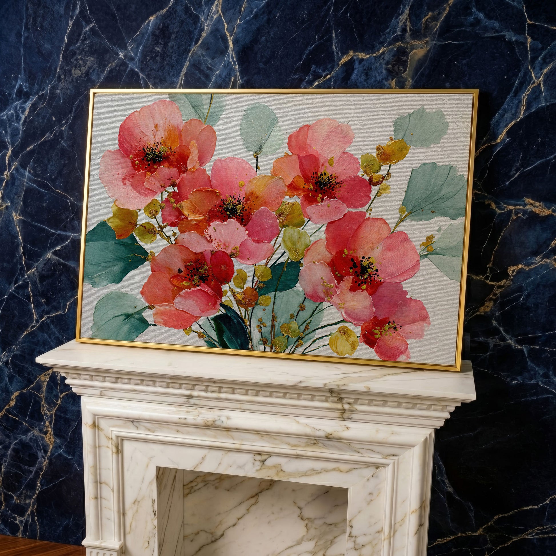 Pink and Coral Poppy Bouquet with Eucalyptus Canvas Art in yellow gold floating frame