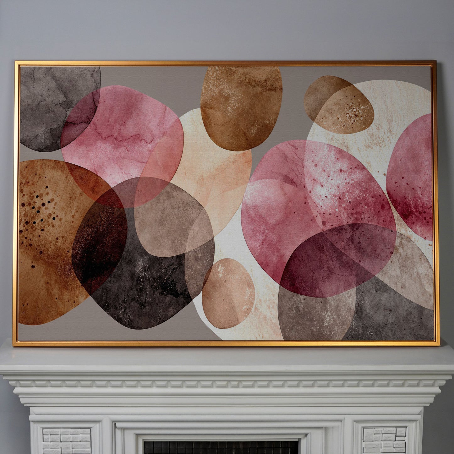 Abstract Circles Canvas Wall Art in Earth Tones in antique gold floating frame