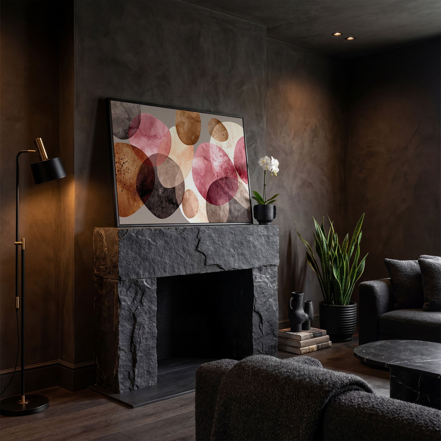 Abstract Circles Canvas Wall Art in Earth Tones in black floating frame