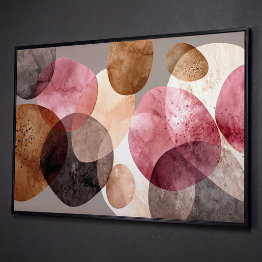 Abstract Circles Canvas Wall Art in Earth Tones shown in black floating frame