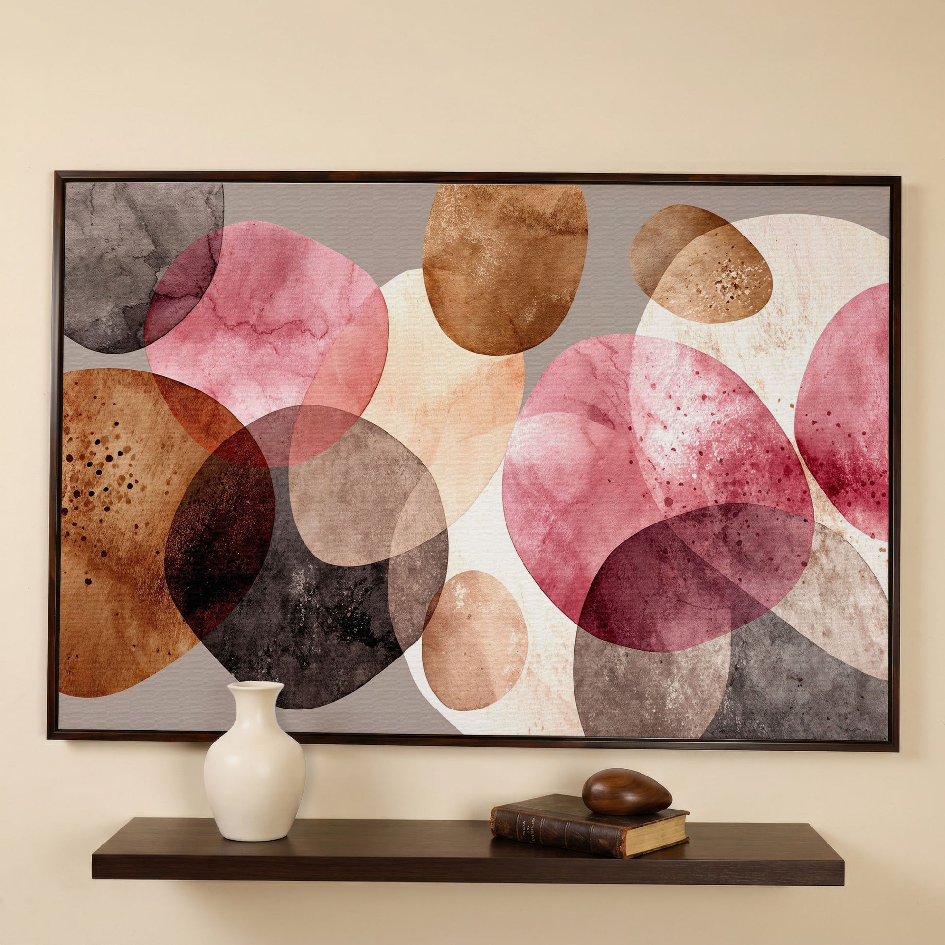 Abstract Circles Canvas Wall Art in Earth Tones in dark walnut floating frame