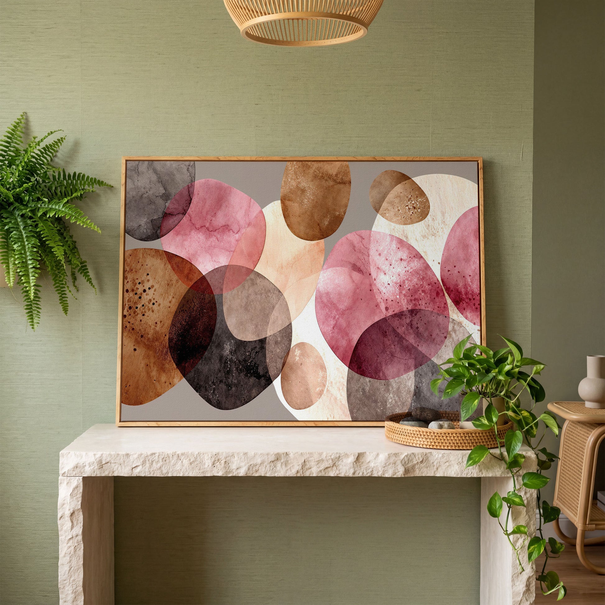Abstract Circles Canvas Wall Art in Earth Tones in white oak floating frame
