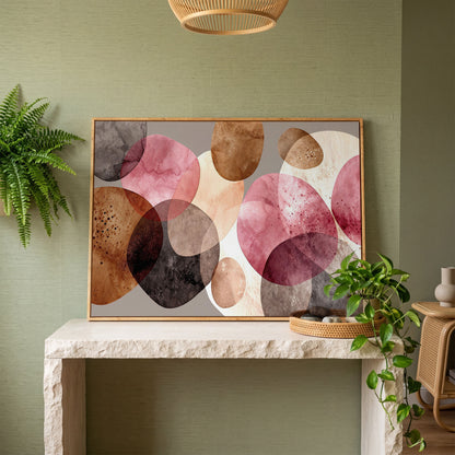 Abstract Circles Canvas Wall Art in Earth Tones in white oak floating frame