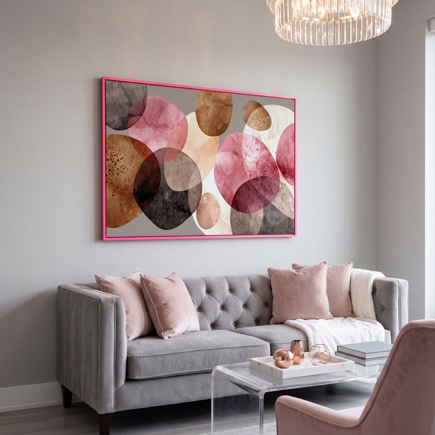 Abstract Circles Canvas Wall Art in Earth Tones in pink floating frame