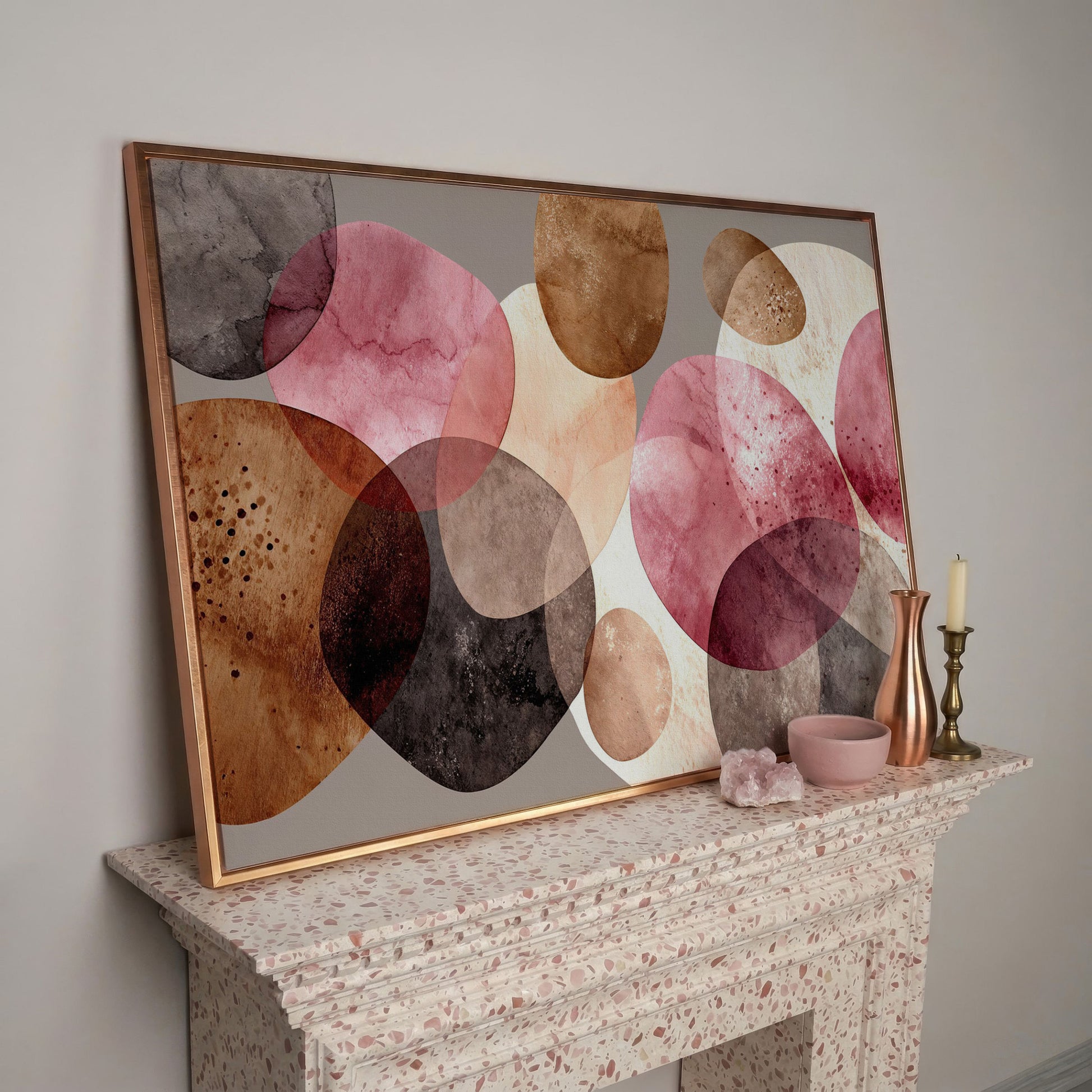 Abstract Circles Canvas Wall Art in Earth Tones in rose gold floating frame
