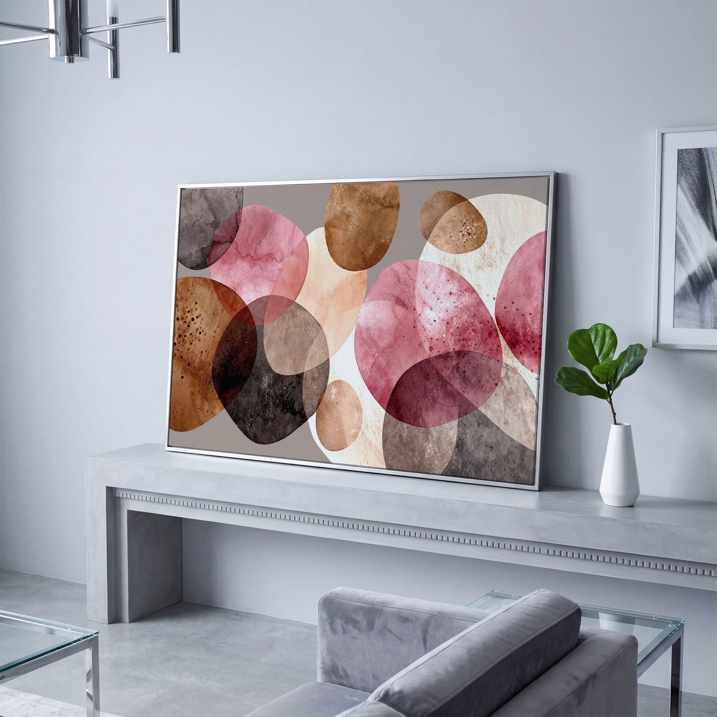 Abstract Circles Canvas Wall Art in Earth Tones in silver floating frame