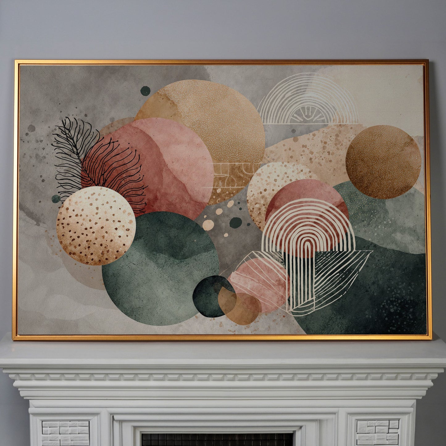 Abstract Botanical Circles Canvas Wall Art, Sage Green and Terracotta in antique gold floating frame