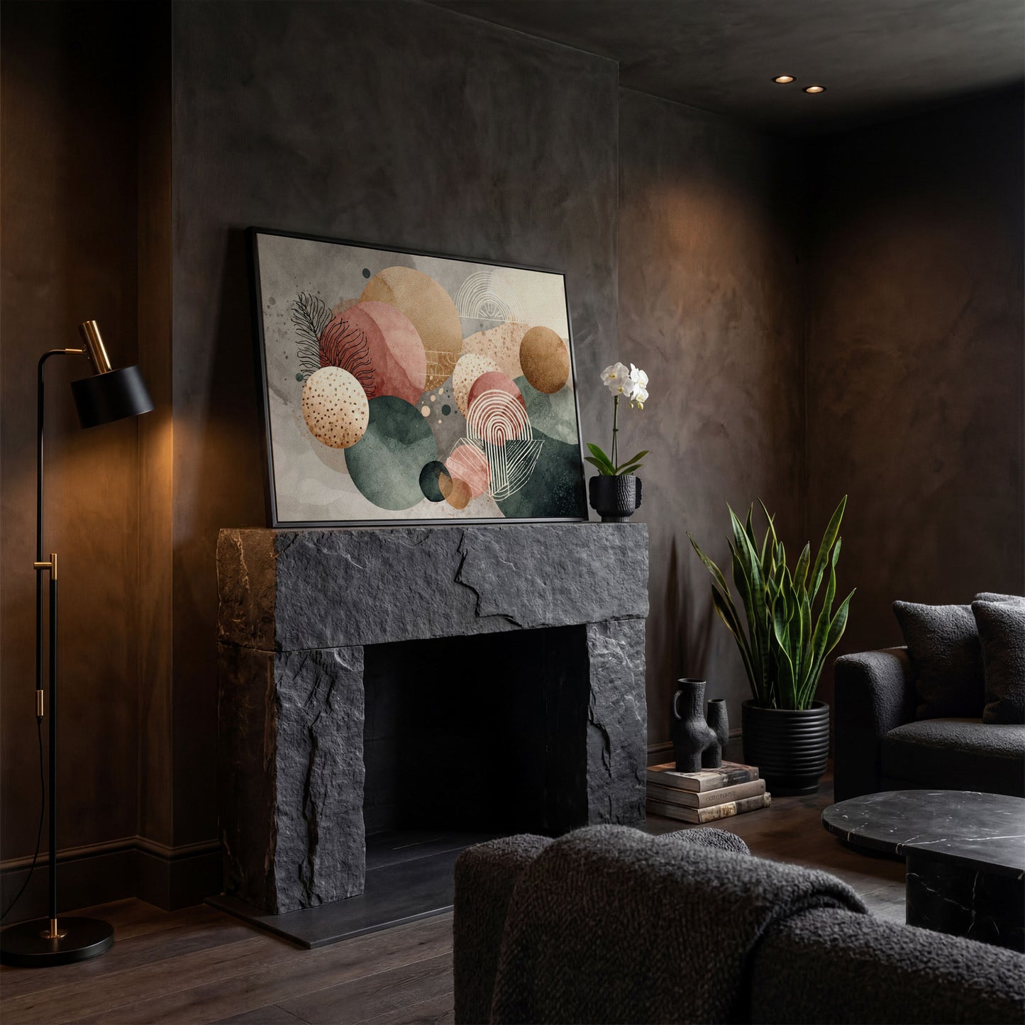 Abstract Botanical Circles Canvas Wall Art, Sage Green and Terracotta in black floating frame