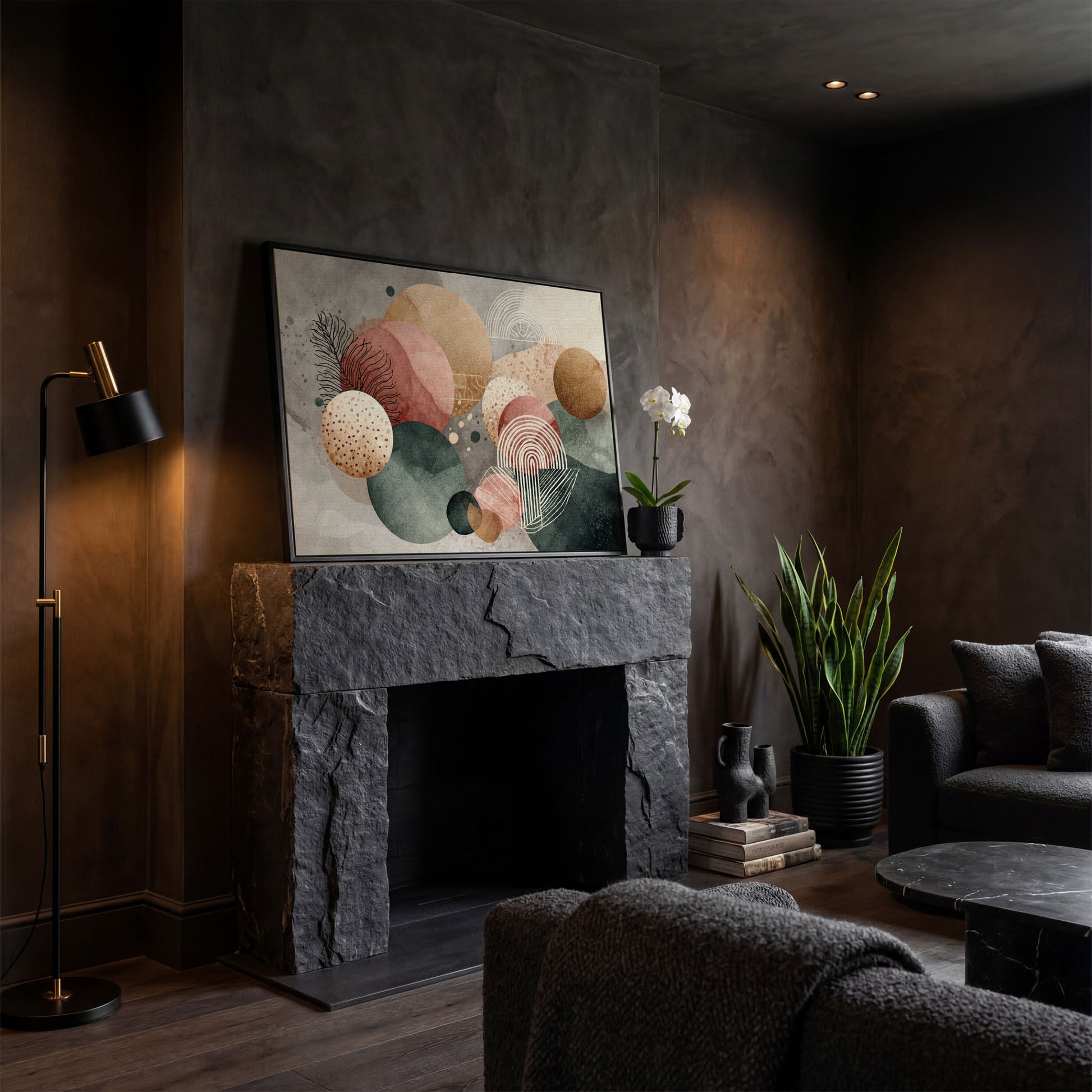 Abstract Botanical Circles Canvas Wall Art, Sage Green and Terracotta in black floating frame