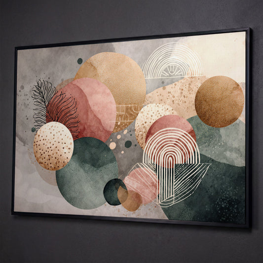 Abstract Botanical Circles Canvas Wall Art, Sage Green and Terracotta shown in black floating frame