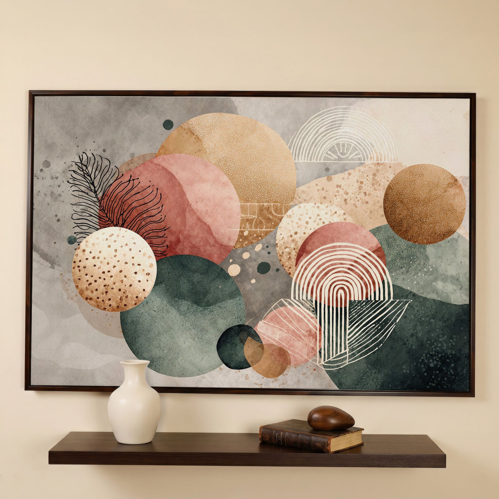 Abstract Botanical Circles Canvas Wall Art, Sage Green and Terracotta in dark walnut floating frame