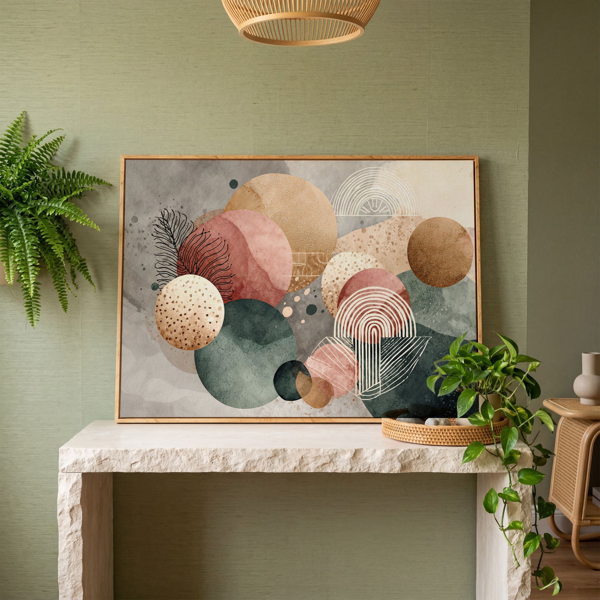 Abstract Botanical Circles Canvas Wall Art, Sage Green and Terracotta in white oak floating frame