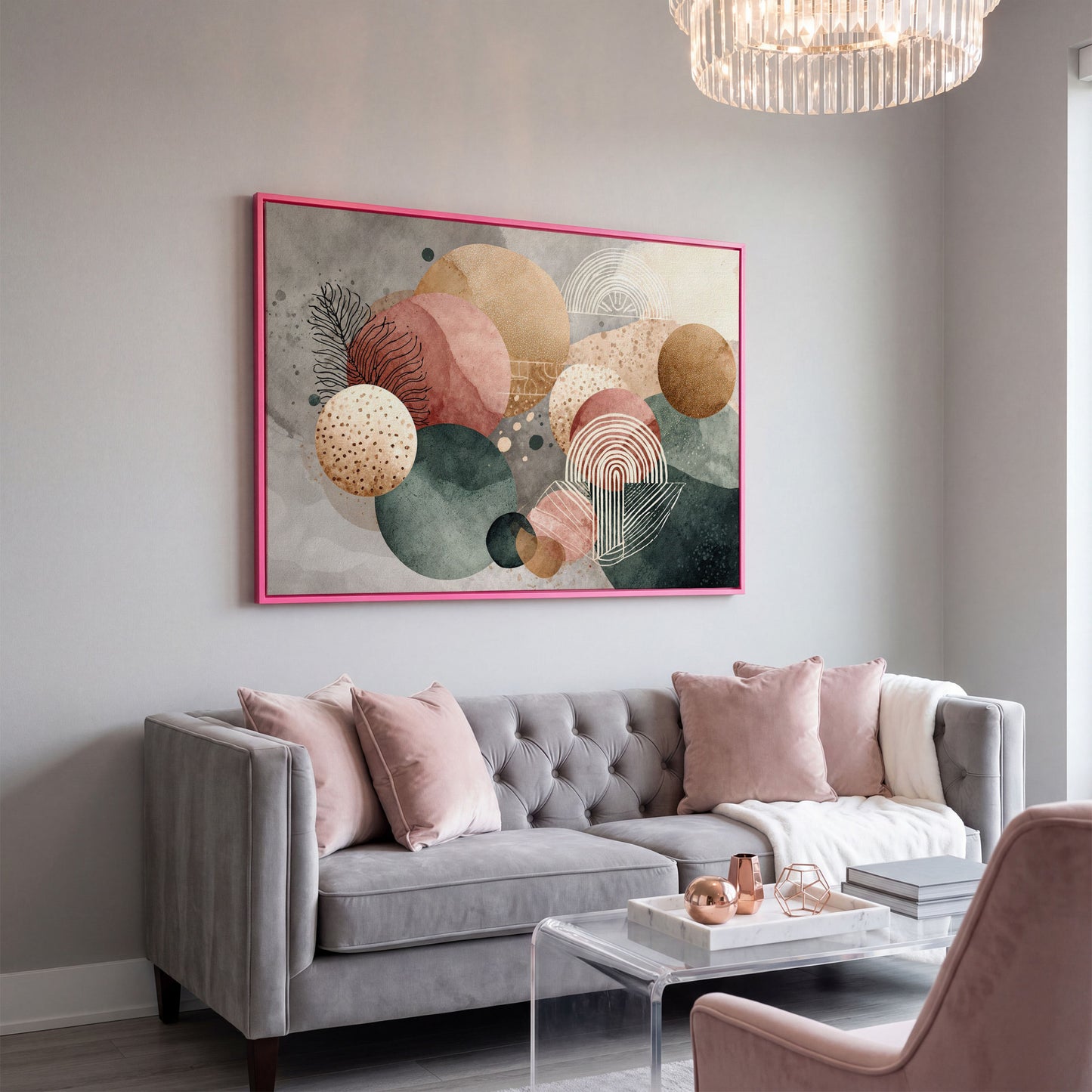 Abstract Botanical Circles Canvas Wall Art, Sage Green and Terracotta in pink floating frame