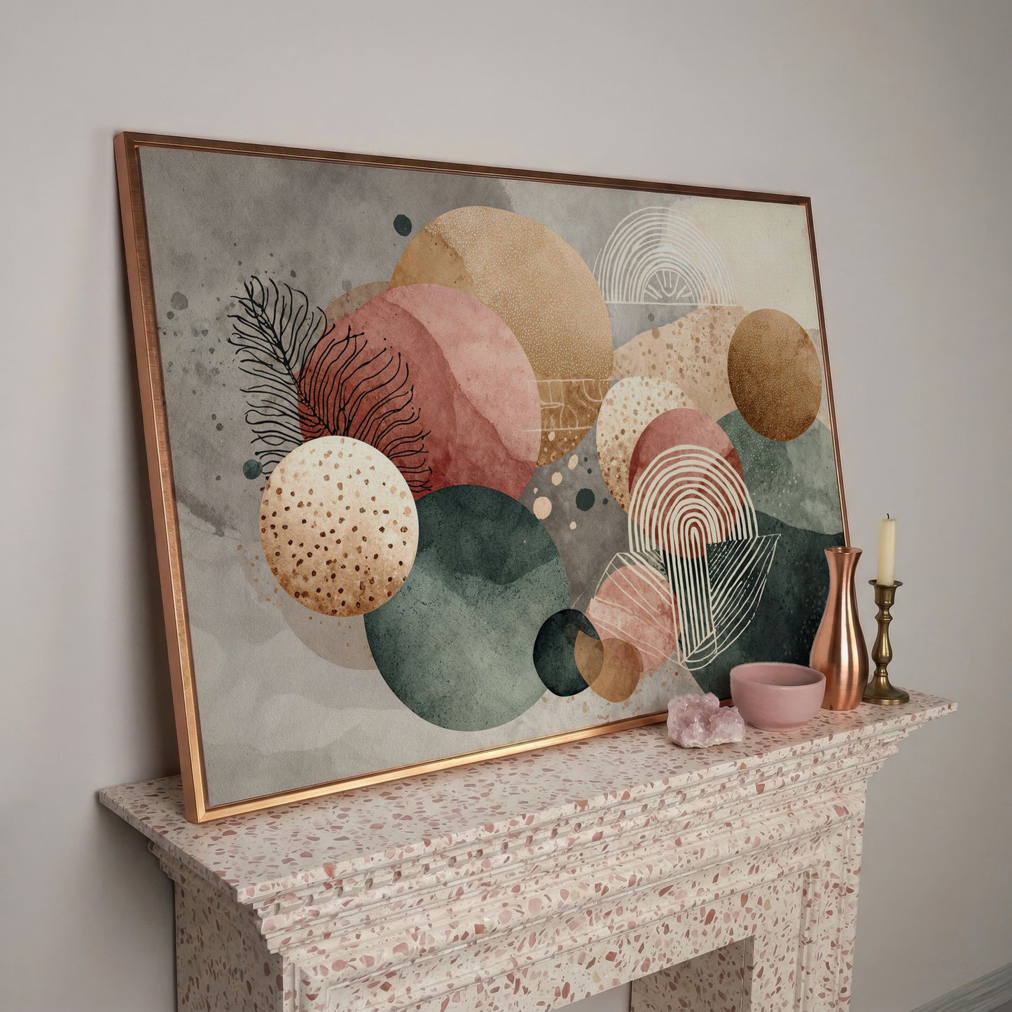 Abstract Botanical Circles Canvas Wall Art, Sage Green and Terracotta in rose gold floating frame
