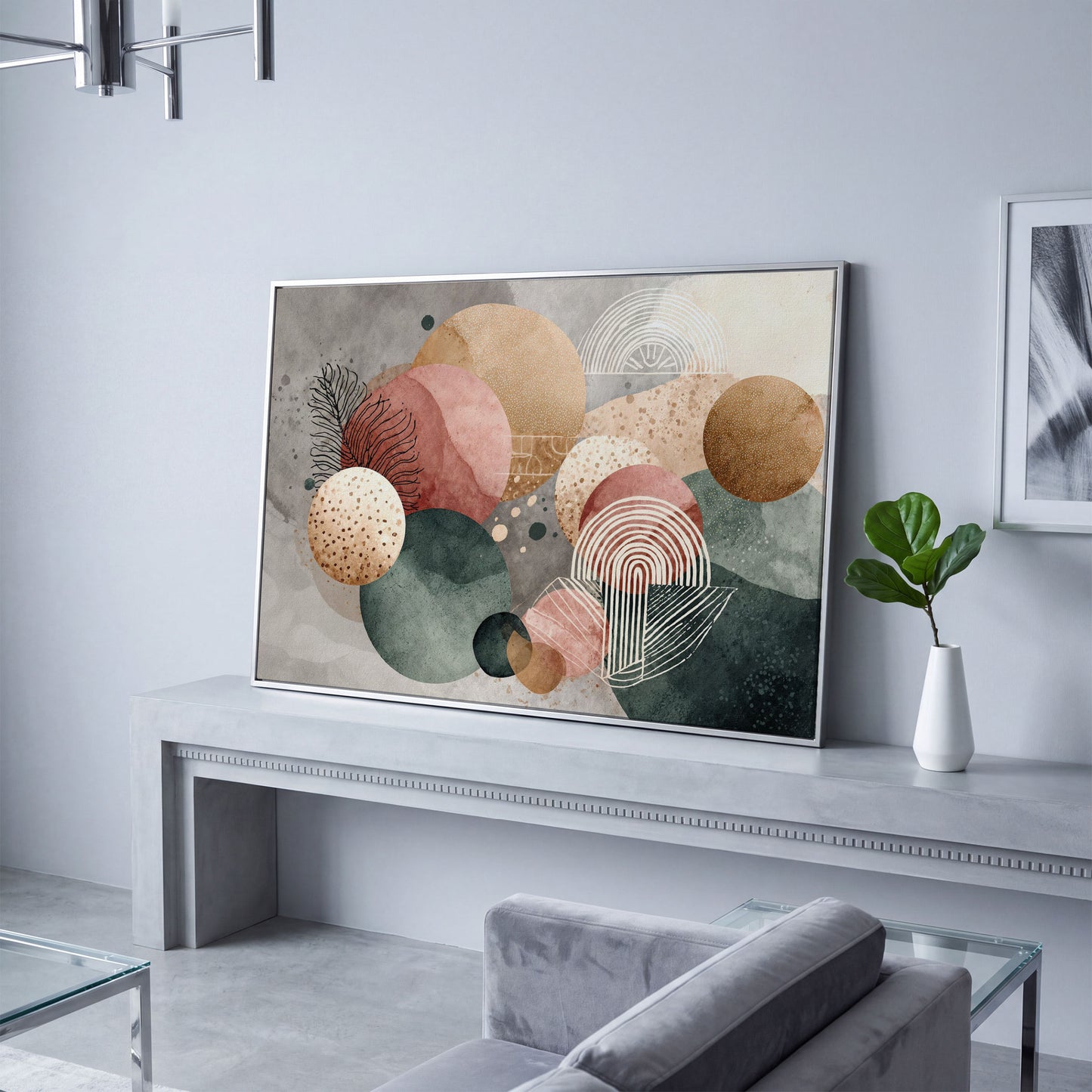 Abstract Botanical Circles Canvas Wall Art, Sage Green and Terracotta in silver floating frame