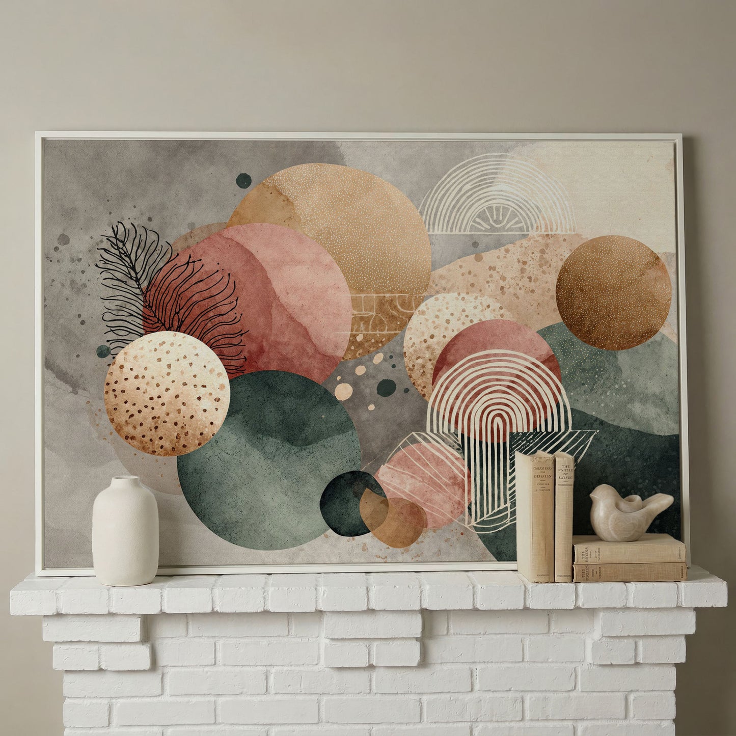 Abstract Botanical Circles Canvas Wall Art, Sage Green and Terracotta in white floating frame
