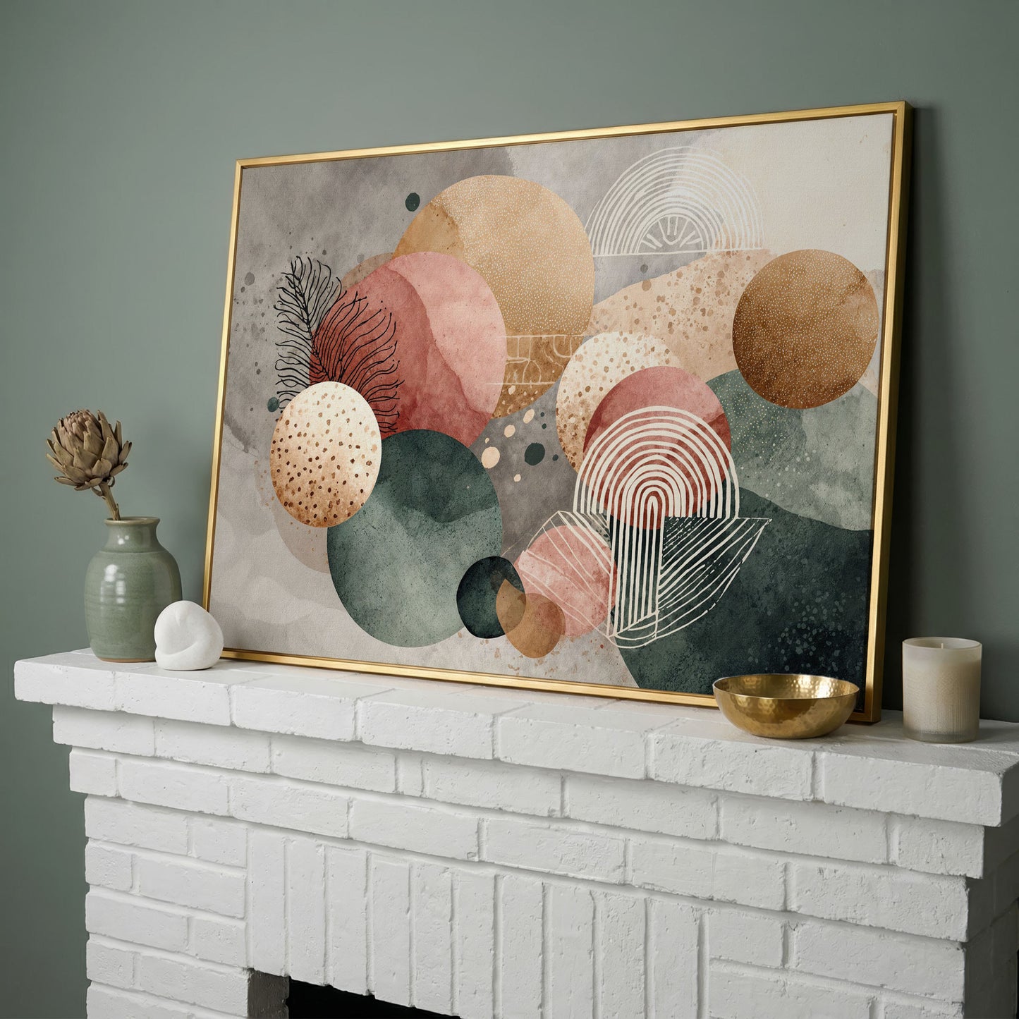 Abstract Botanical Circles Canvas Wall Art, Sage Green and Terracotta in yellow gold floating frame
