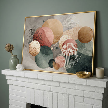 Abstract Botanical Circles Canvas Wall Art, Sage Green and Terracotta in yellow gold floating frame