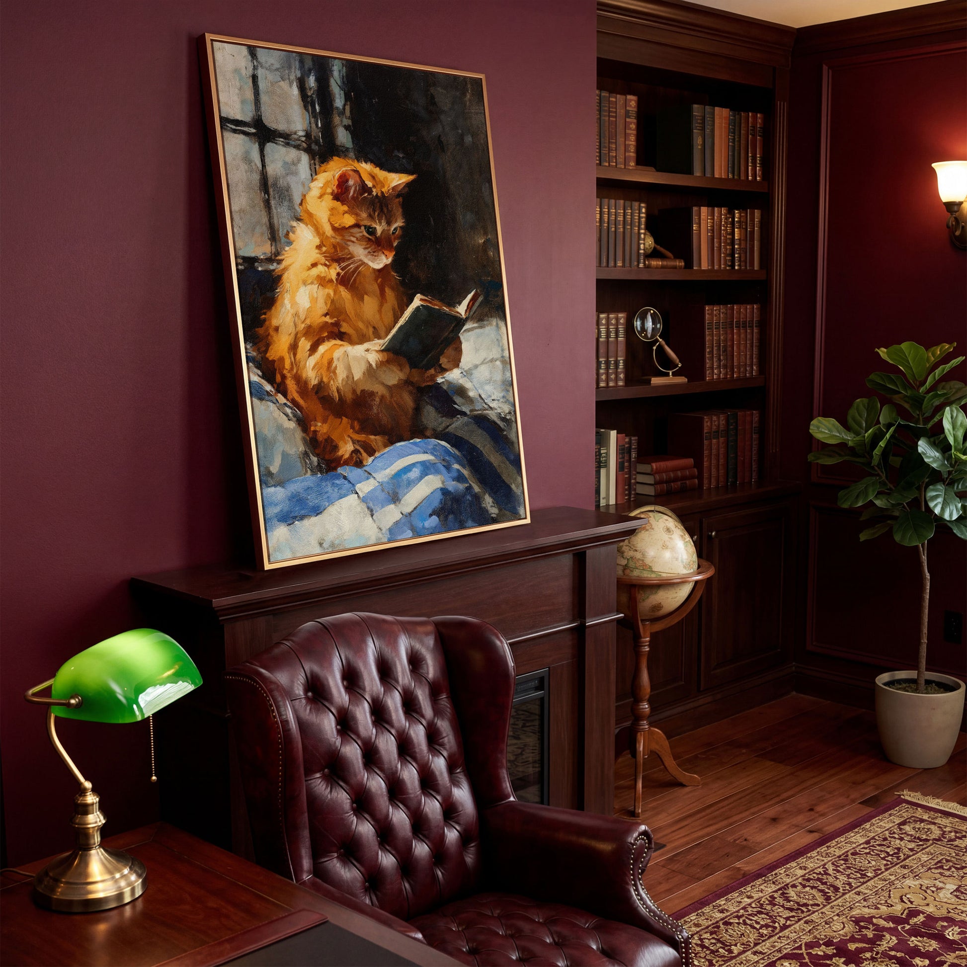 Ginger Cat Reading in Bed Canvas Wall Art in antique gold floating frame