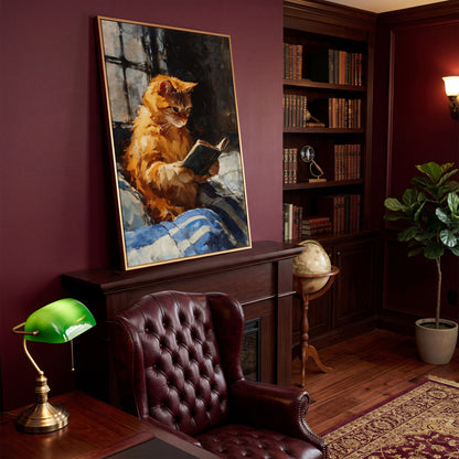 Ginger Cat Reading in Bed Canvas Wall Art in antique gold floating frame