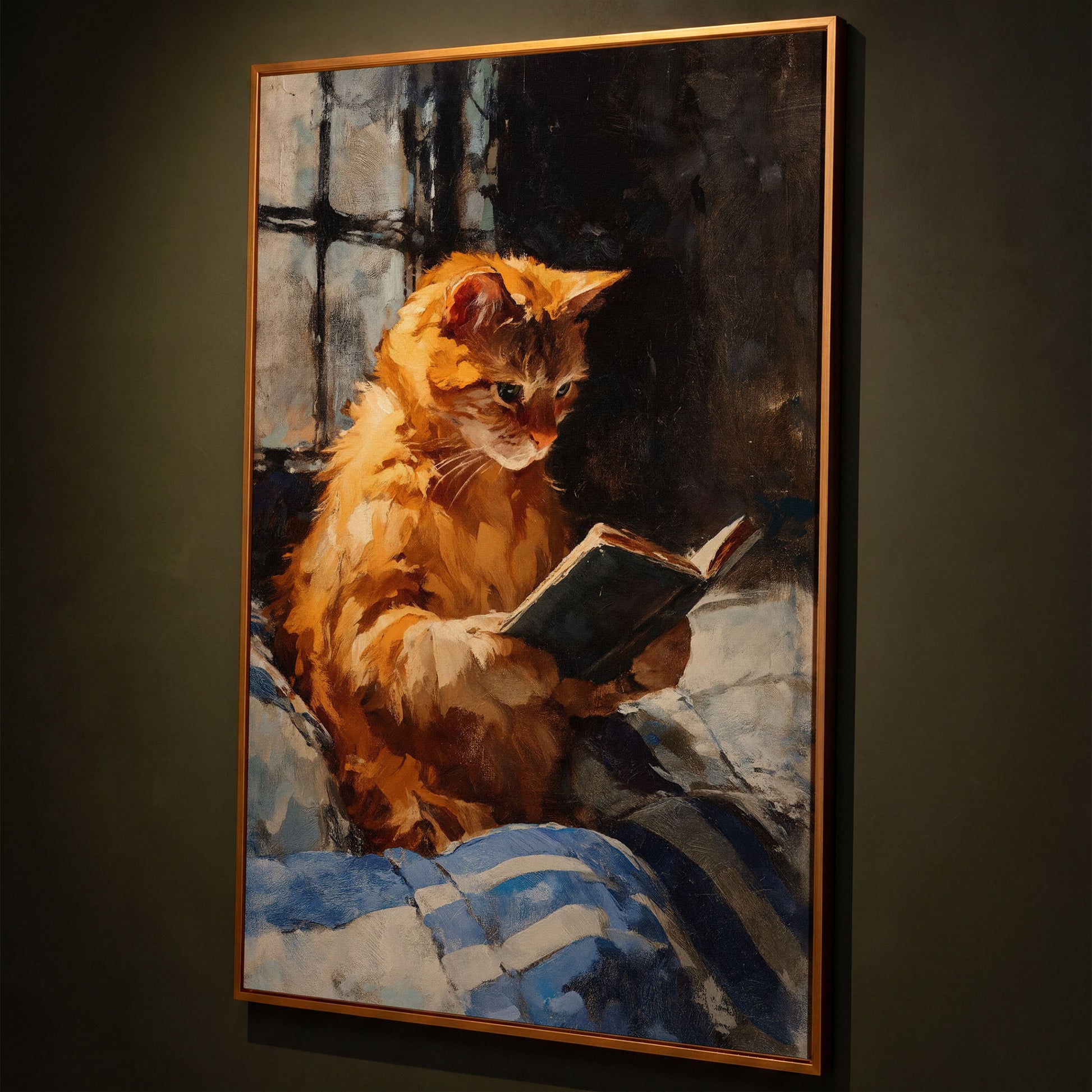 Ginger Cat Reading in Bed Canvas Wall Art shown in antique gold floating frame