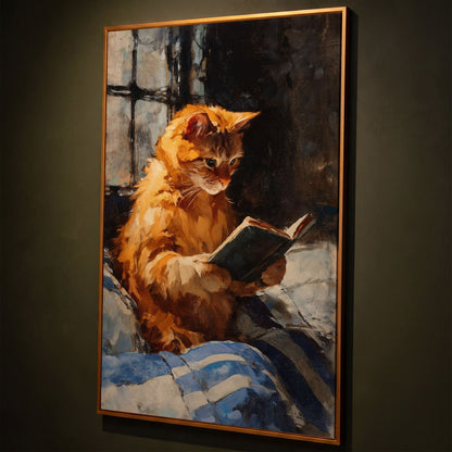 Ginger Cat Reading in Bed Canvas Wall Art shown in antique gold floating frame