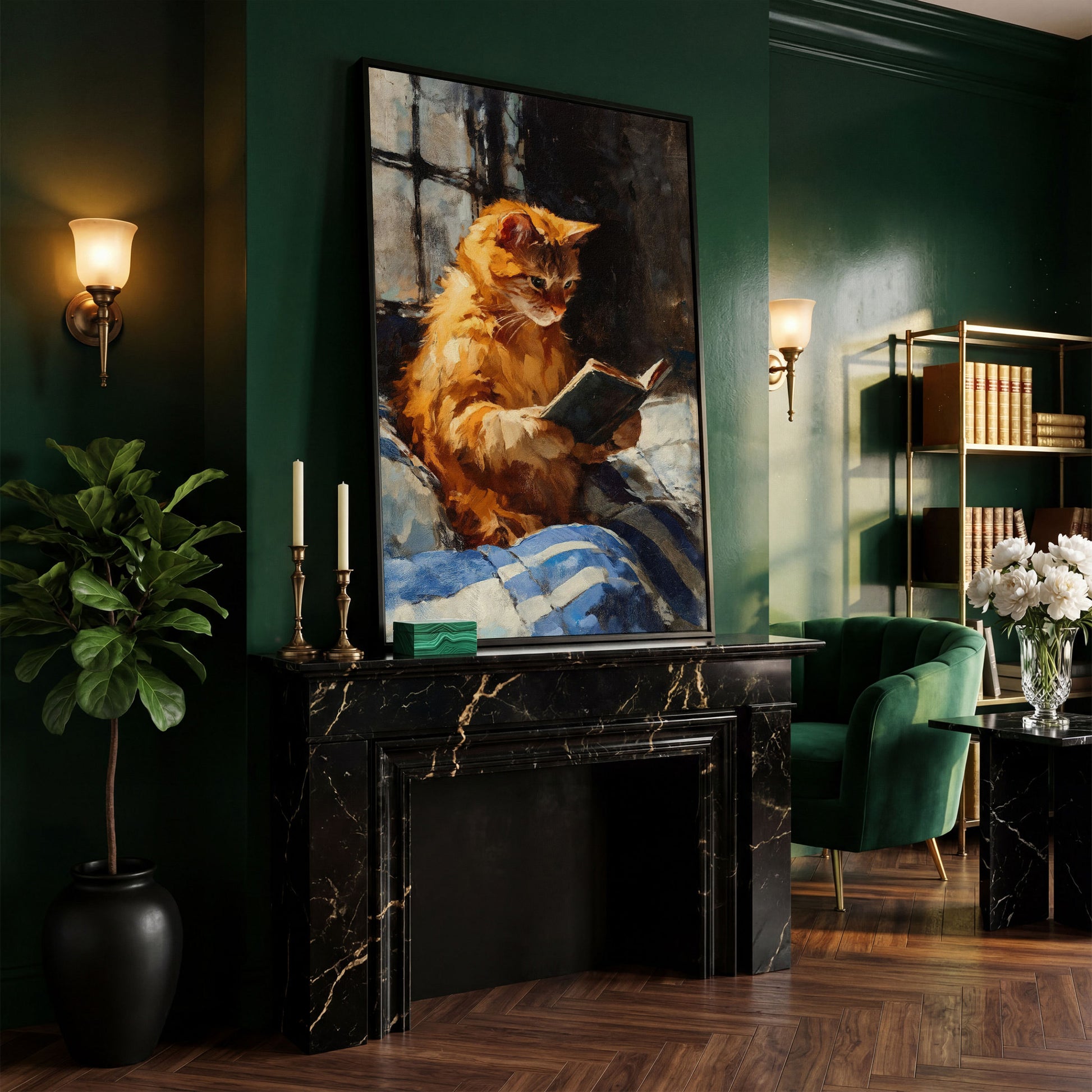 Ginger Cat Reading in Bed Canvas Wall Art in black floating frame