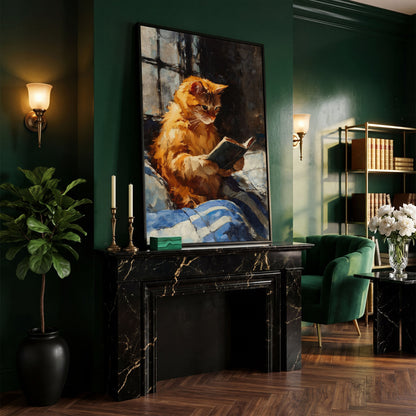 Ginger Cat Reading in Bed Canvas Wall Art in black floating frame