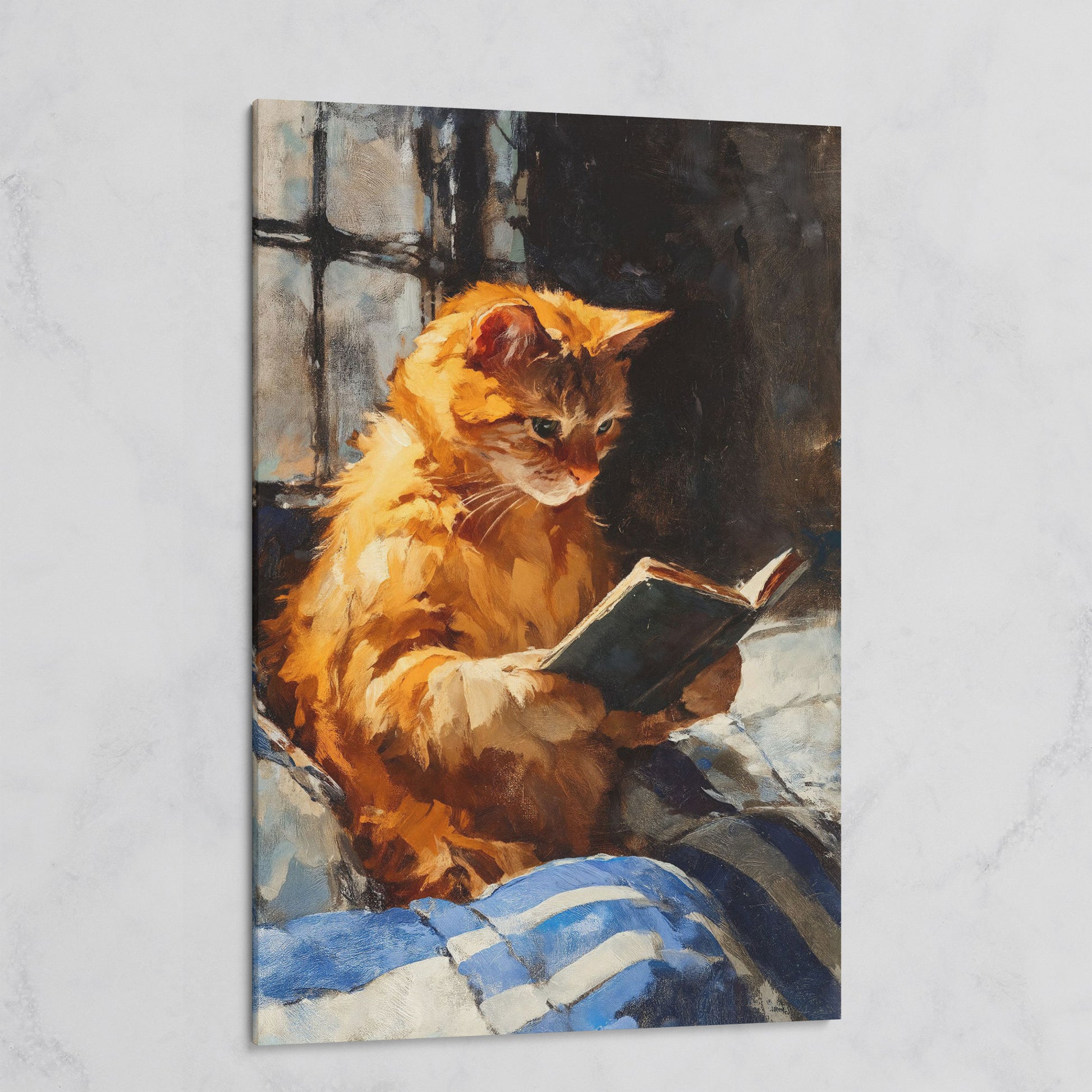Ginger Cat Reading in Bed Canvas Wall Art on gallery wrap
