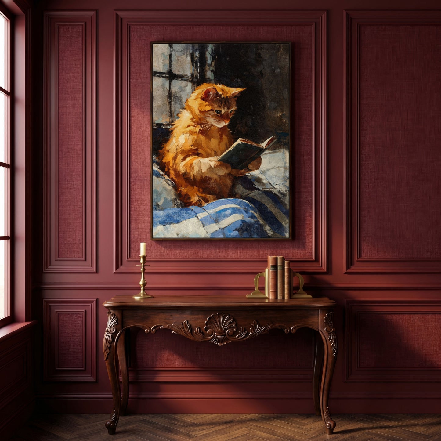 Ginger Cat Reading in Bed Canvas Wall Art in dark walnut floating frame