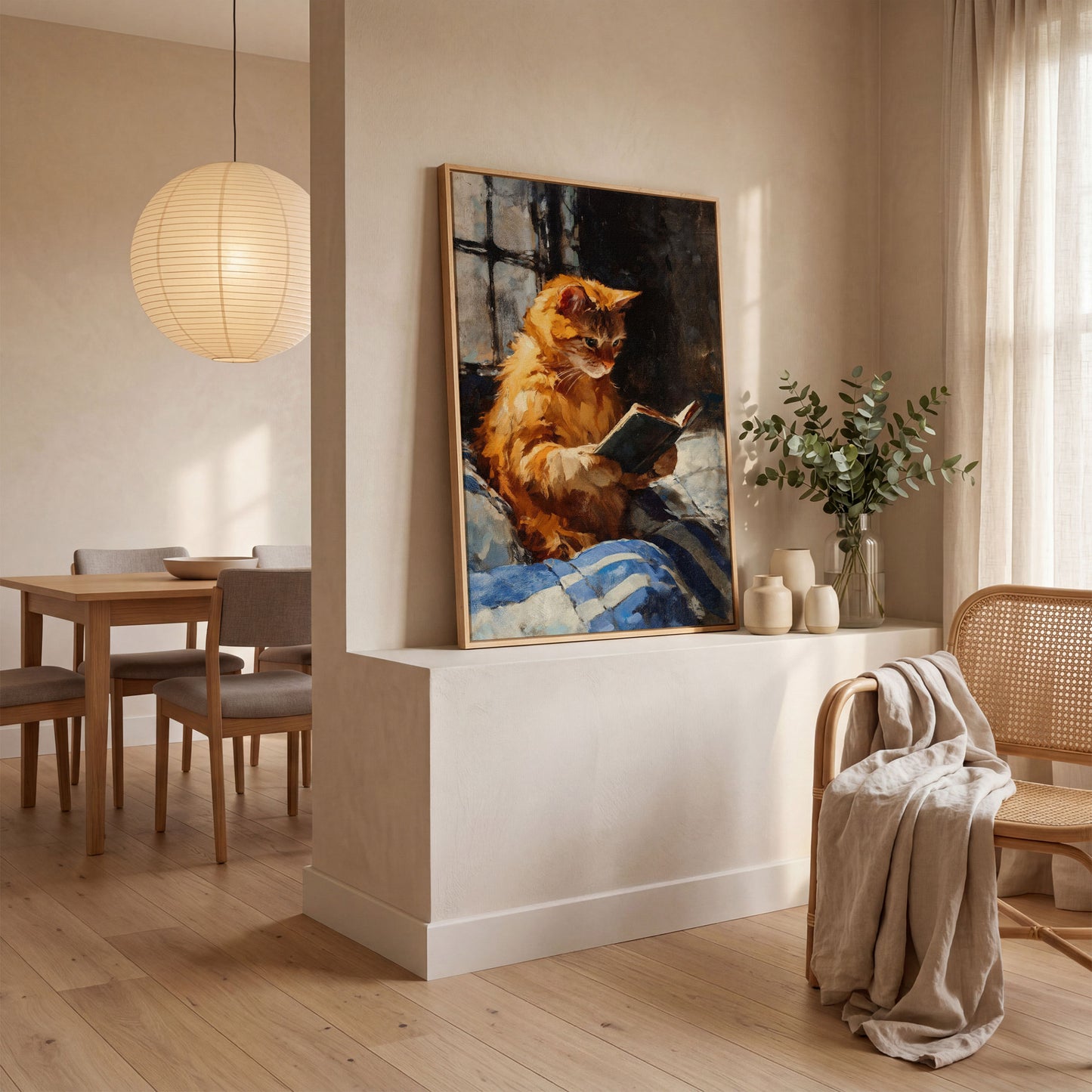 Ginger Cat Reading in Bed Canvas Wall Art in white oak floating frame