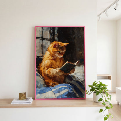 Ginger Cat Reading in Bed Canvas Wall Art in pink floating frame