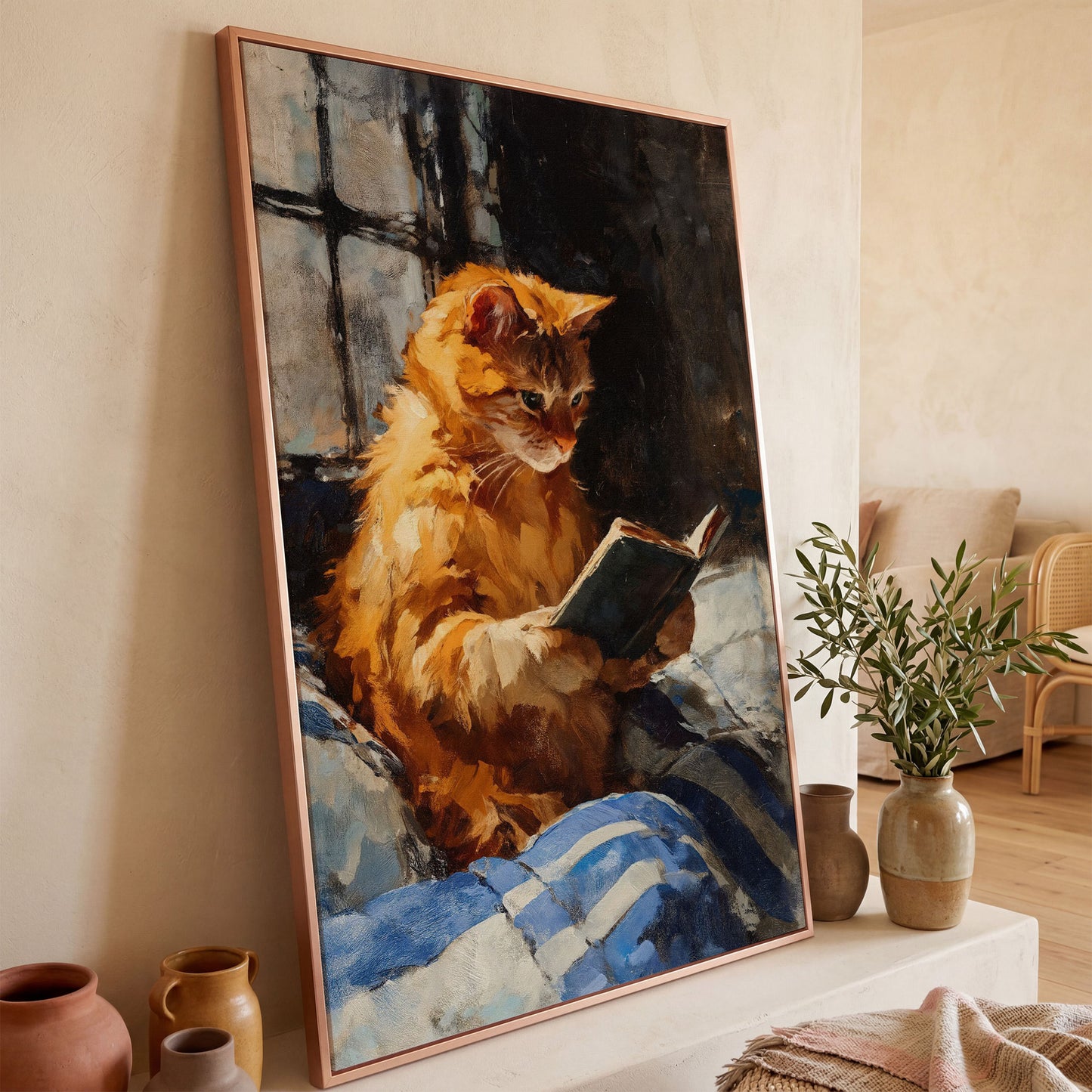 Ginger Cat Reading in Bed Canvas Wall Art in rose gold floating frame