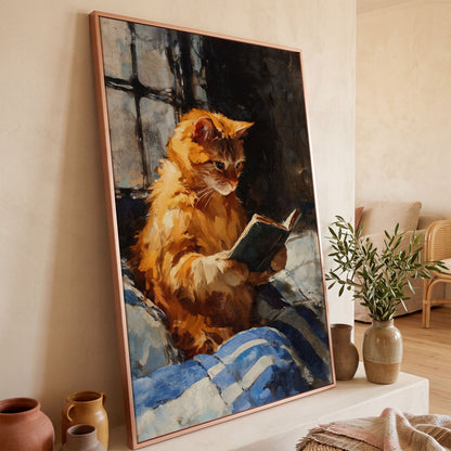 Ginger Cat Reading in Bed Canvas Wall Art in rose gold floating frame