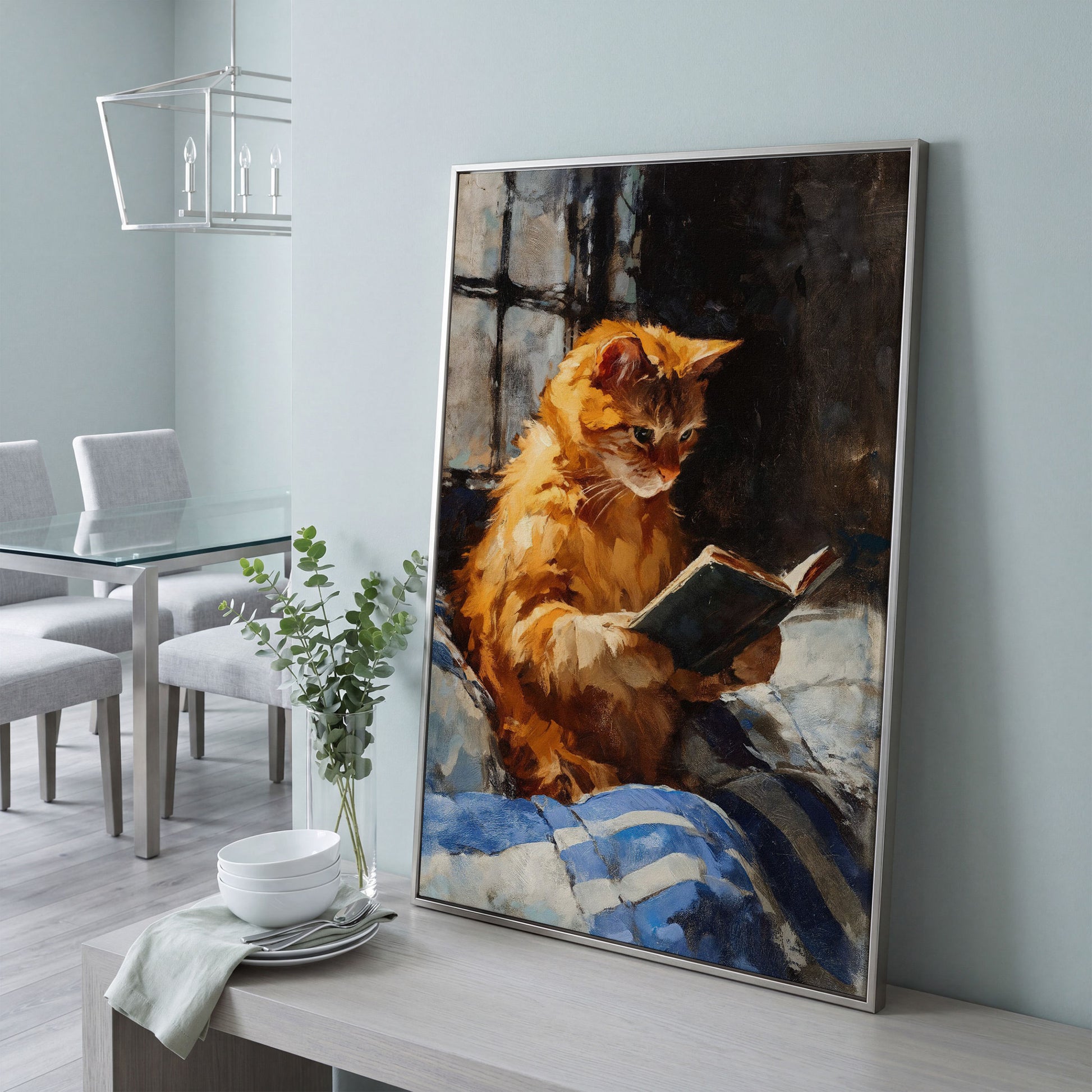 Ginger Cat Reading in Bed Canvas Wall Art in silver floating frame