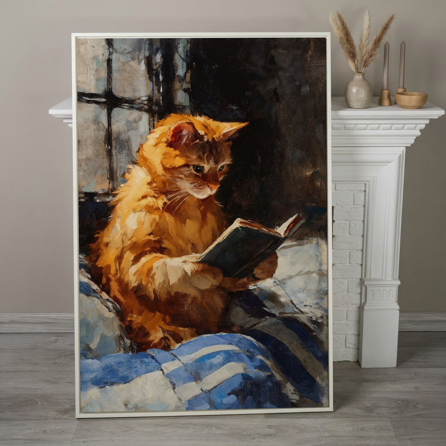 Ginger Cat Reading in Bed Canvas Wall Art in white floating frame