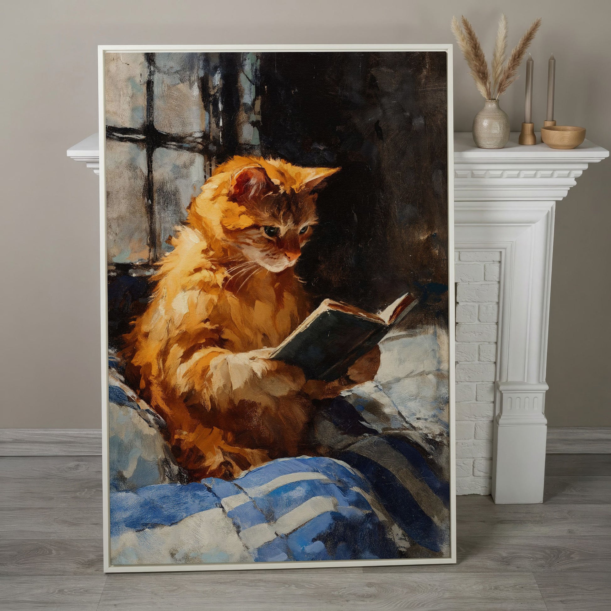 Ginger Cat Reading in Bed Canvas Wall Art in white floating frame
