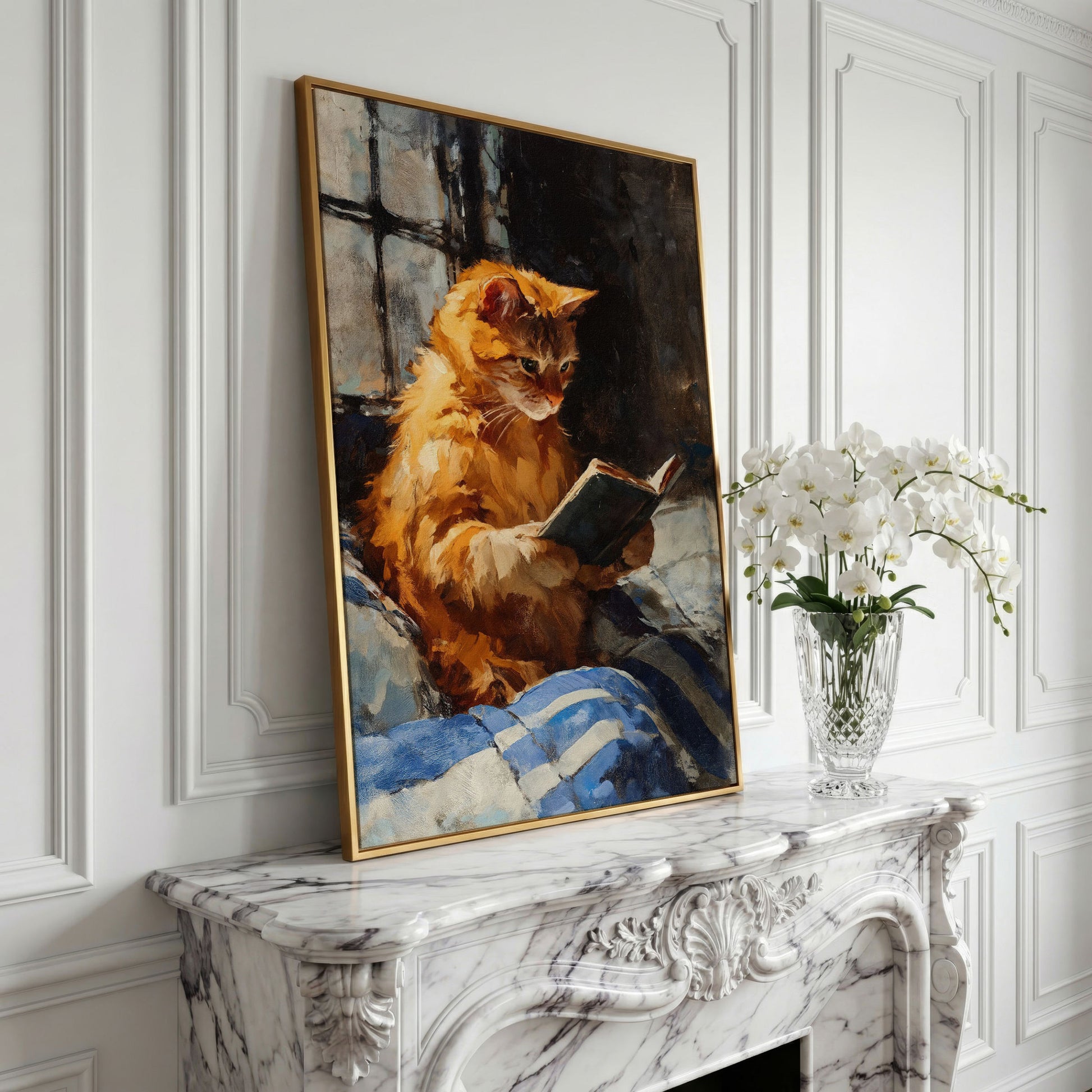 Ginger Cat Reading in Bed Canvas Wall Art in yellow gold floating frame