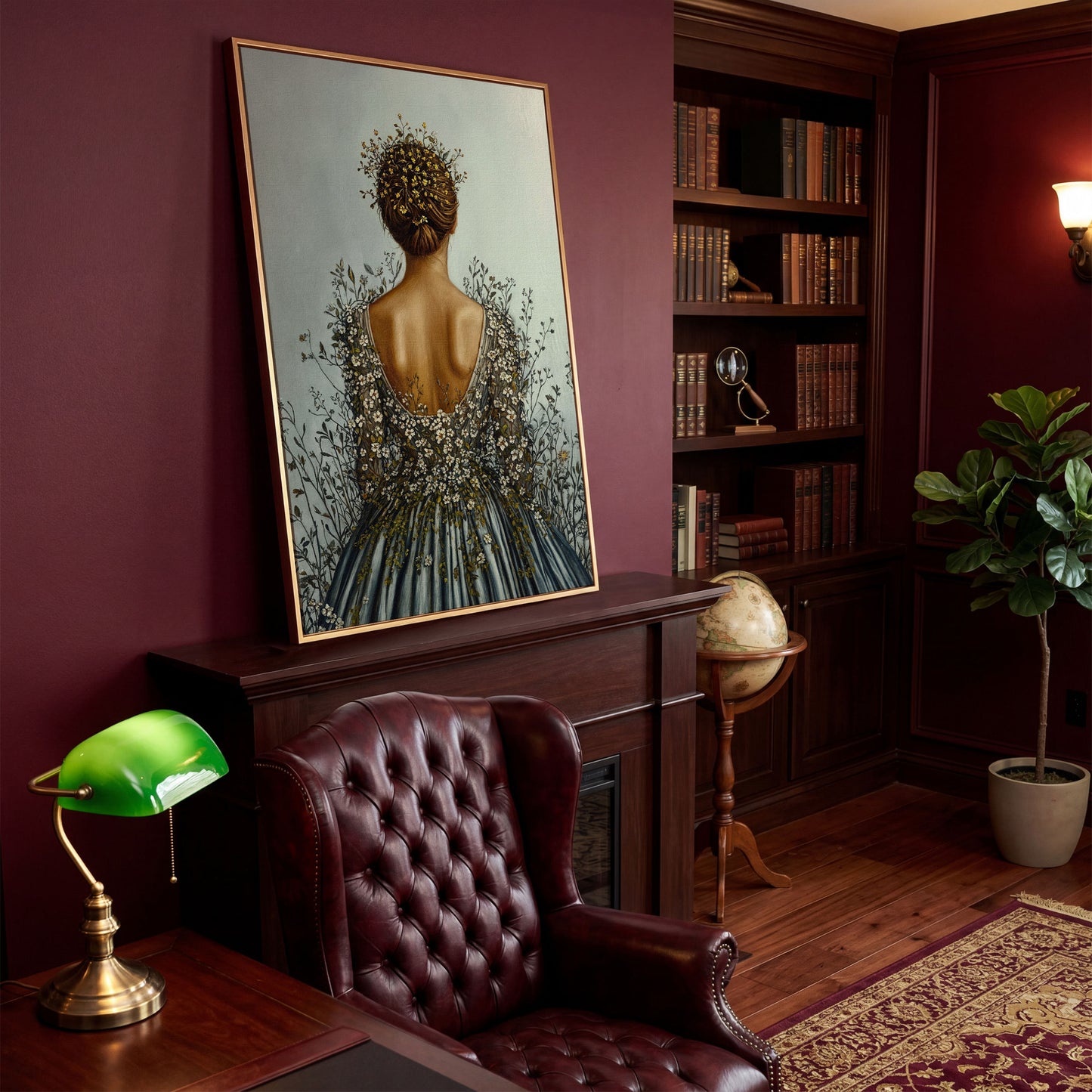 Floral Woman Canvas Art, Dark Feminine Surrealist Portrait in antique gold floating frame
