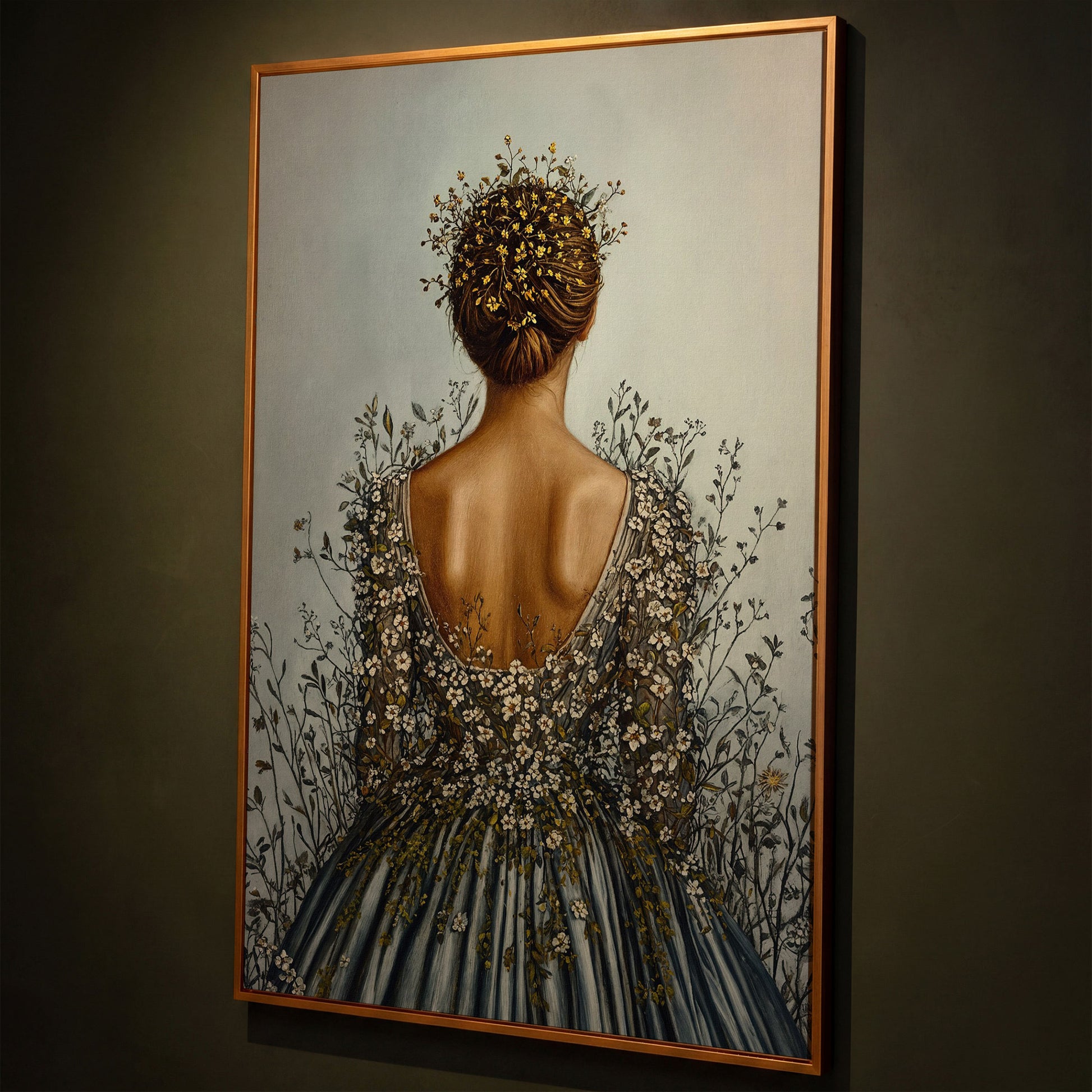 Floral Woman Canvas Art, Dark Feminine Surrealist Portrait shown in antique gold floating frame