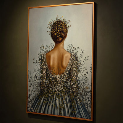 Floral Woman Canvas Art, Dark Feminine Surrealist Portrait shown in antique gold floating frame