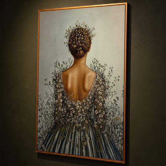 Floral Woman Canvas Art, Dark Feminine Surrealist Portrait shown in antique gold floating frame