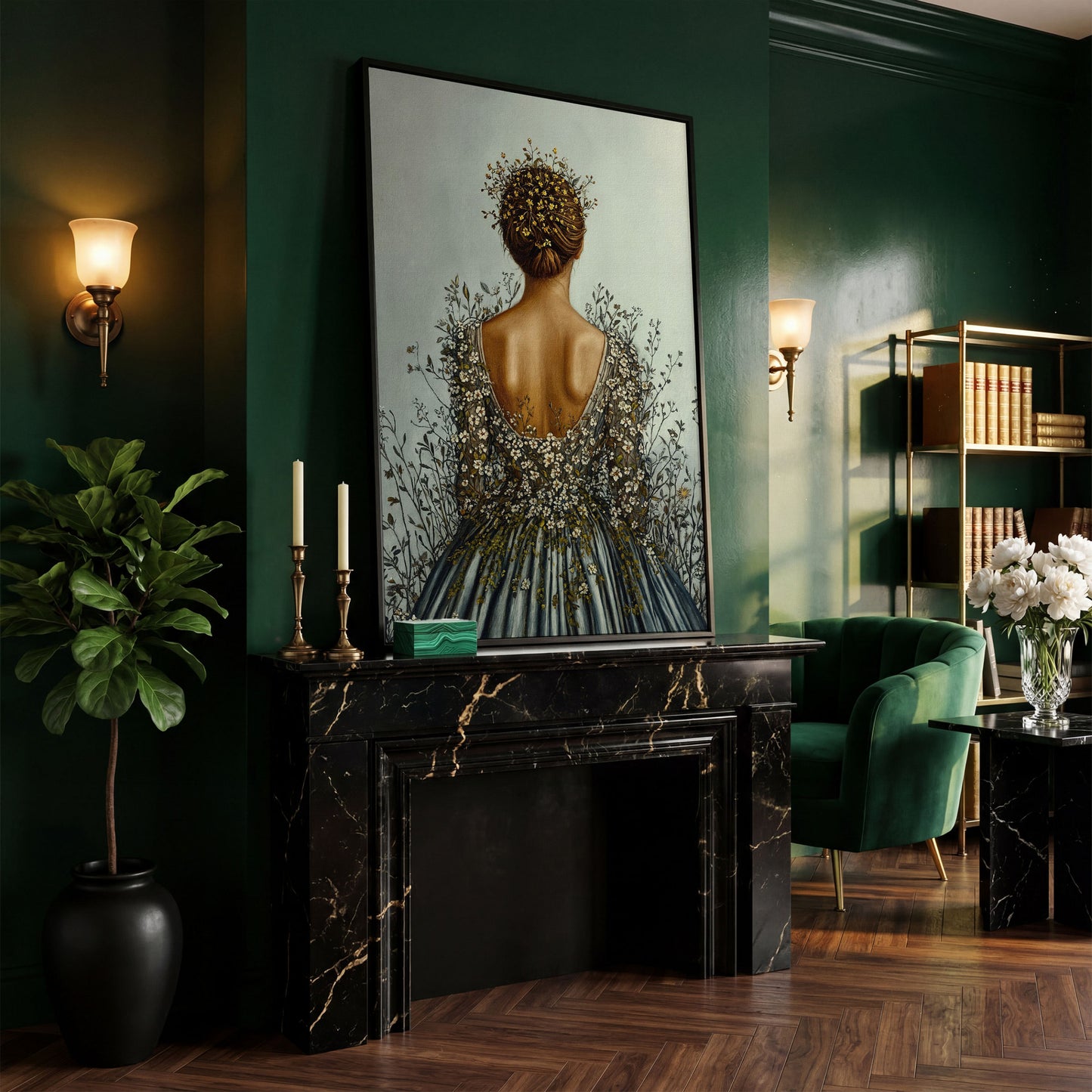 Floral Woman Canvas Art, Dark Feminine Surrealist Portrait in black floating frame