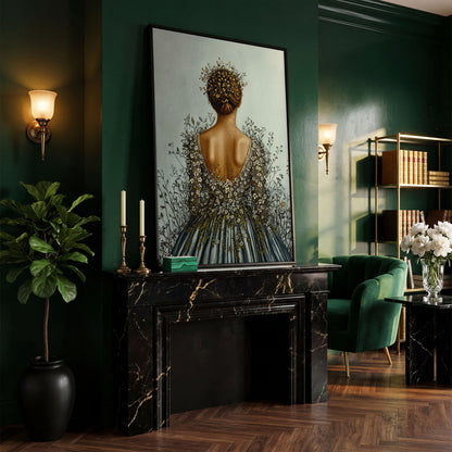 Floral Woman Canvas Art, Dark Feminine Surrealist Portrait in black floating frame