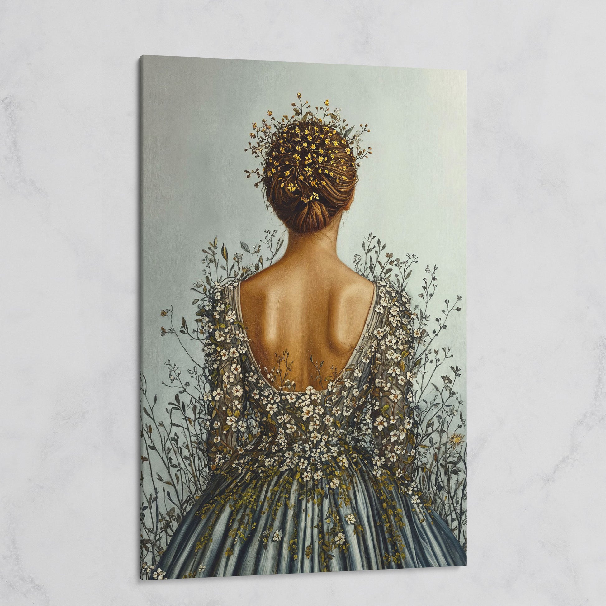 Floral Woman Canvas Art, Dark Feminine Surrealist Portrait on gallery wrap