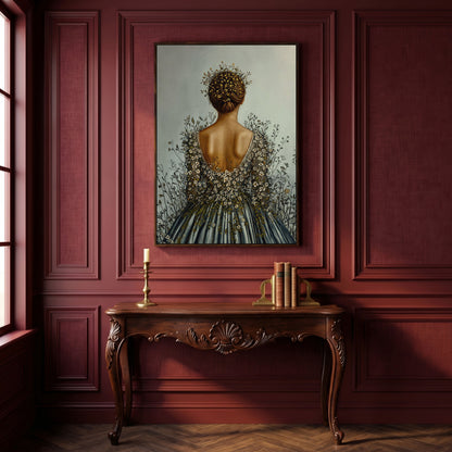 Floral Woman Canvas Art, Dark Feminine Surrealist Portrait in dark walnut floating frame