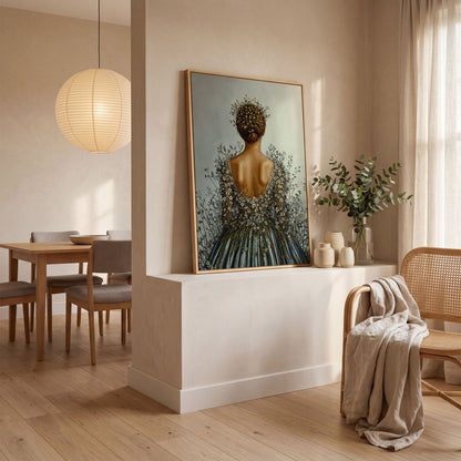 Floral Woman Canvas Art, Dark Feminine Surrealist Portrait in white oak floating frame