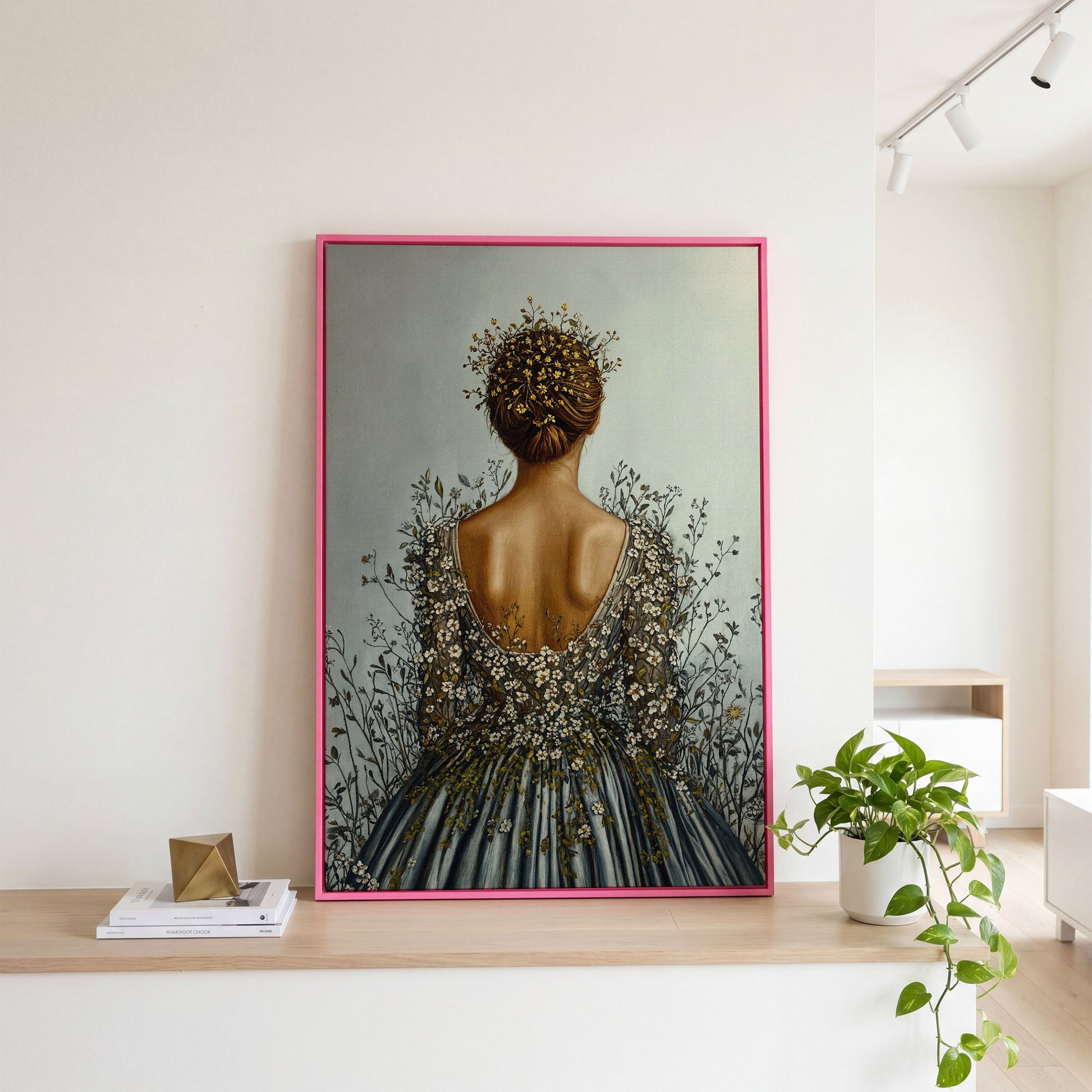 Floral Woman Canvas Art, Dark Feminine Surrealist Portrait in pink floating frame